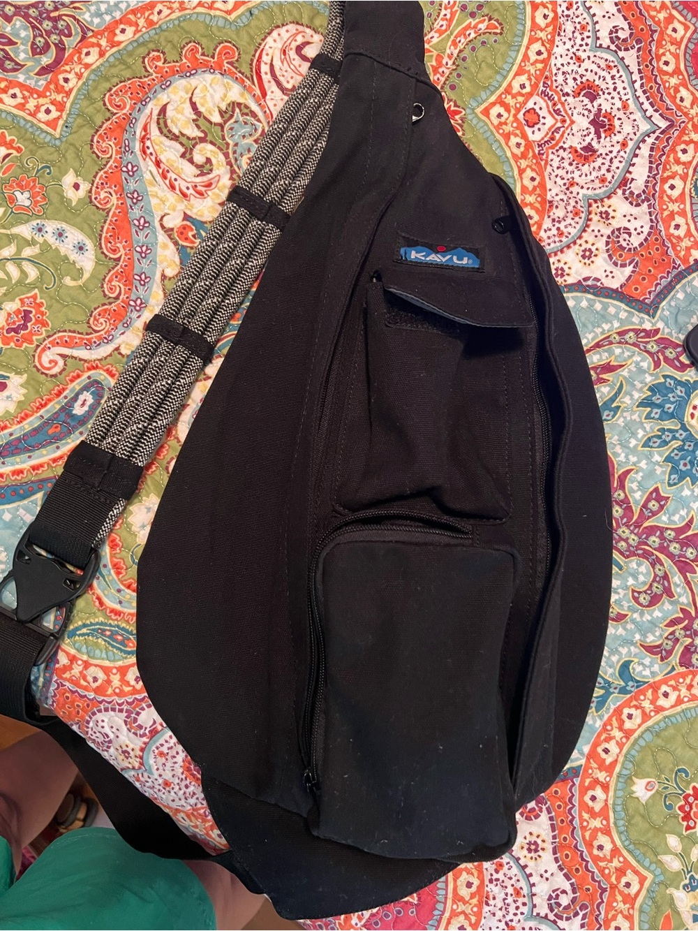 Kavu Black Crossbody Sling with Gray Woven Strap